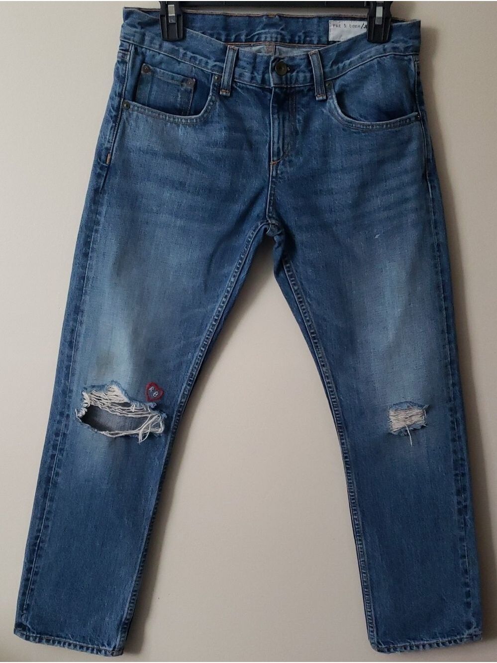 rag & bone Women's Blue Ankle Crop Distressed Embroidered Jeans
